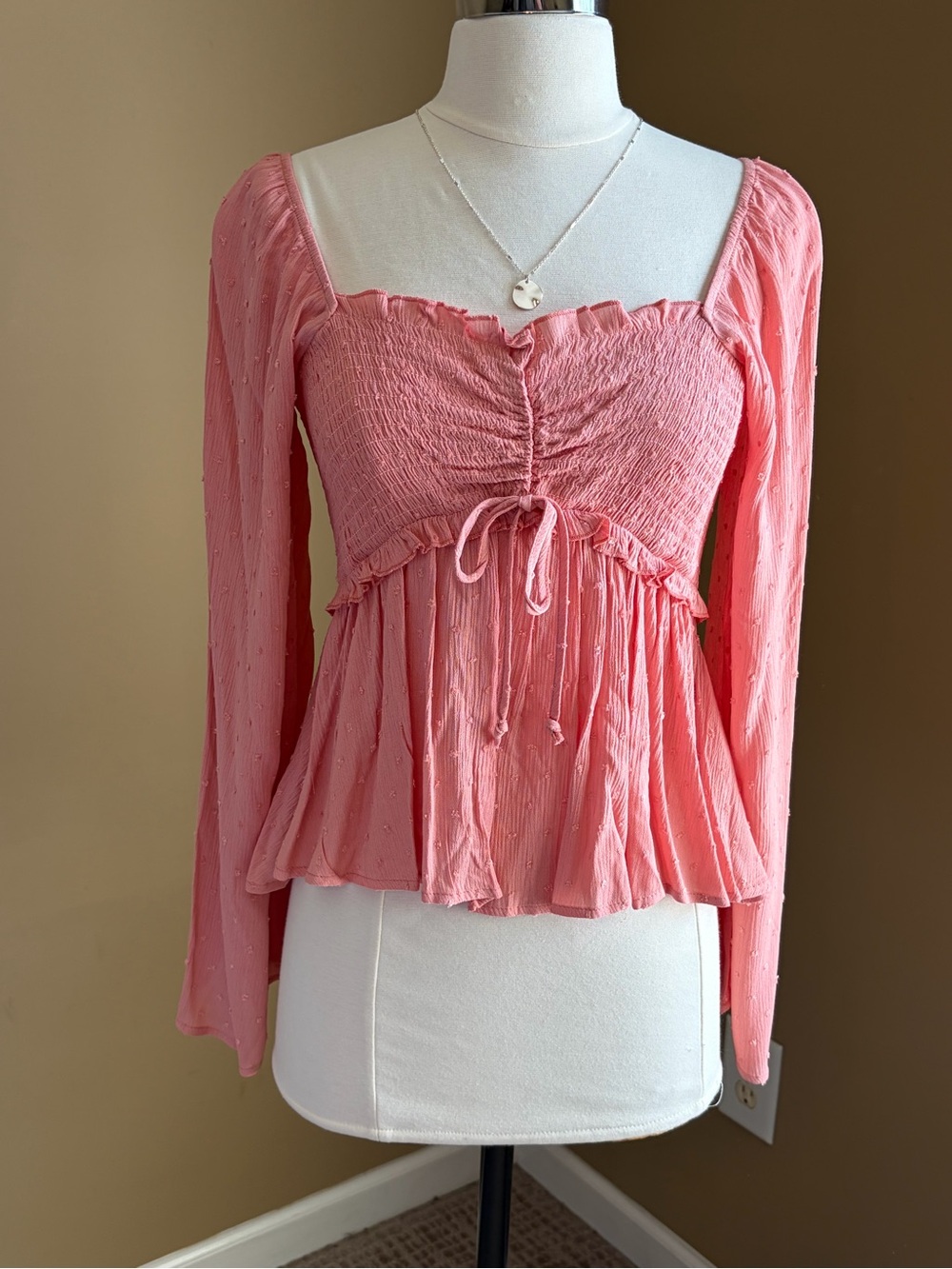 Peach Love Coral-Pink Long Sleeve Peplum Swiss Dot Top Small Coquette Boho NWT